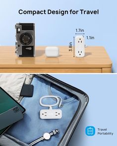 the compact design for travel is shown in two different views, including an electronic device and other accessories