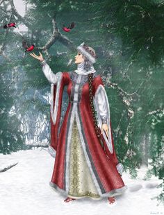 a woman in a red and white dress is holding two birds on her hand while standing in the snow