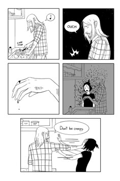 a comic strip with an image of two people talking to each other and one person pointing at