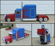 three pictures of a transformer truck made to look like it has been painted red, blue and silver