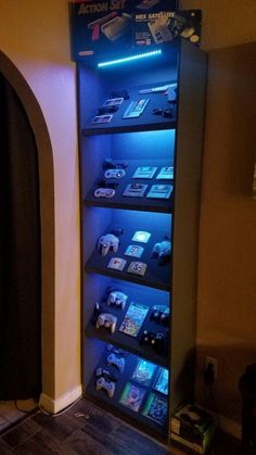 a display case filled with video game controllers