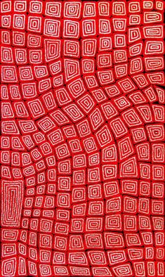 an abstract red and white painting with squares in the center, on a black background