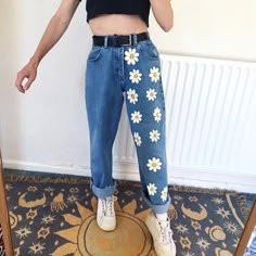 Daisy Jeans, Long Denim Pants, Flower Pants, Denim Diy