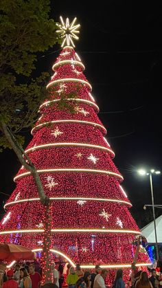 a large christmas tree is lit up in red and white lights at night with people standing around it