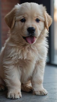 a puppy sitting on the ground with its tongue out