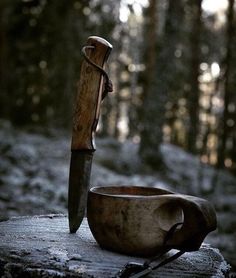 a knife and bowl sitting on top of a tree stump in the woods next to some trees