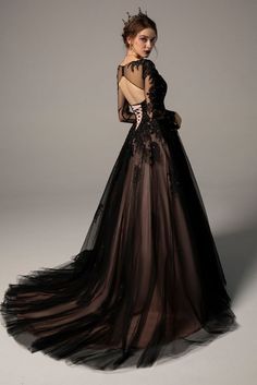 What Does A Black Wedding Dress Symbolize? Black Lace Wedding Dress, Black Wedding Gowns, Black Wedding Dress, Alternative Wedding Dresses, A Line Evening Dress, Bridal Dresses Lace, Wedding Dress Chiffon, Applique Wedding Dress, Long Sleeve Gown