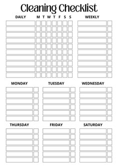 the cleaning checklist is shown in black and white, with daily tasks on it