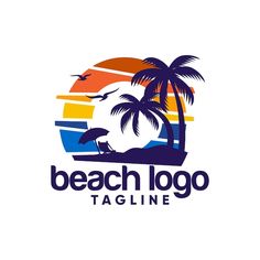 beach logo with palm trees and birds