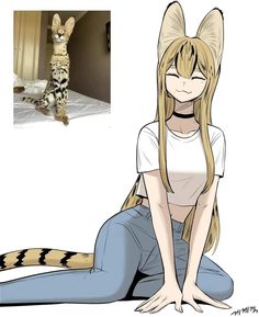 a woman with long blonde hair sitting on the ground next to a drawing of a cat