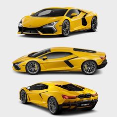 the yellow sports car is shown in three different views, including front and back view