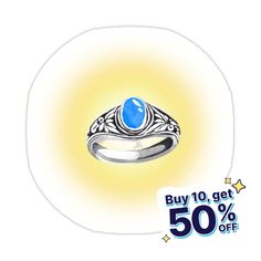 a ring with a blue stone on it and the words buy 10 get 50 % off