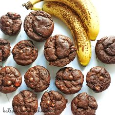 chocolate muffins and a banana on a table