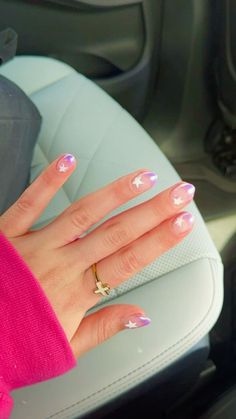 purple nails with stars, french tip Purple French Tip With Design, Light Purple Nails With White French Tip, Purple French Tip Square, Nails With Purple Dress, Homecoming Nails Purple, Purple French Tip With Pearls, Purple Nails With Stars, Purple Sparkly French Tip Nails, Short Almond Nails Purple