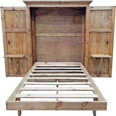 a wooden bed frame with drawers and headboard