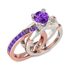 two wedding rings with purple and white diamonds on each band, set in 18k rose gold