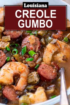 Closeup of a bowl of creole gumbo with a spoon in it. Crockpot Gumbo With Okra, Texas Gumbo Recipe, Gumbo Recipe Authentic Seafood, Gumbo Recipe Crockpot Okra, Justin Wilson Gumbo Recipe, Smoked Gumbo Recipe, Paula Deen Gumbo Recipe, Louisiana Gumbo Base Recipe, Creole Style Shrimp And Sausage Gumbo