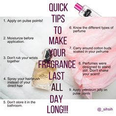 Ever wondered why your perfume looses scent? Here are quick tips to make your perfume last longer! Tips For Long Lasting Perfume, How To Make Ur Perfume Last Longer, Perfume Last Longer Tips, How To Make Body Mist Last Longer, How To Make Perfume Last Longer, How To Make Perfume Last All Day, How To Layer Perfume, Make Perfume Last Longer, Where To Put Perfume