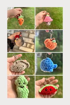 crochet keychains made to look like fruits and vegetables are being held by someone's hand