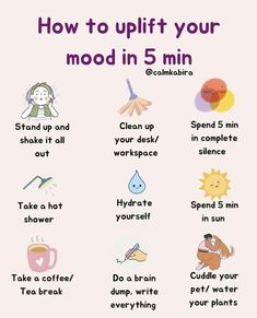 Feeling down? 🌈 Here are 8 easy ways to brighten your day! From listening to your favorite music, going for a quick walk, or practicing gratitude, these small actions can make a big difference in boosting your mood. ☀️ Remember, it's okay to take time for yourself and do things that make you smile! 😊 #MoodBooster #UpliftYourself #FeelGoodVibes #PositiveMindset #InstantHappiness #MentalHealthMatters #SelfCareRoutine #HappyMind #PositiveEnergy #BrightenYourDay Lunch And Dinner Ideas, Tips For Life, Motivational Tips, Self Help Skills, Life Transformation