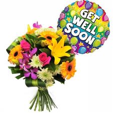 a bouquet of flowers and balloons with the words get well soon