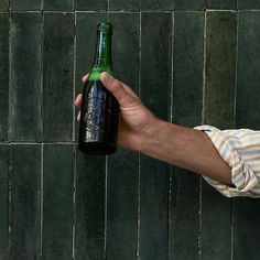 a hand holding a beer bottle in front of a green tiled wall with vertical stripes