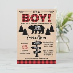 a card with the words, it's a boy and bear silhouettes on it