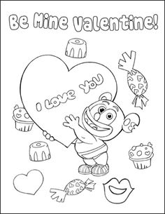 valentine's day coloring page with a heart and cupcakes in the background