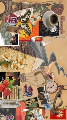 a collage of pictures with coffee, flowers, and other things on top of it