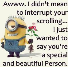 a minion holding a flower with the caption, i don't mean to interrupt your scooling just wanted to say you're a special and beautiful person