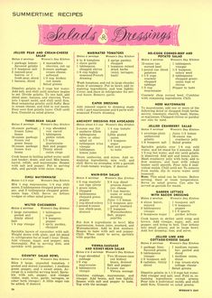 the menu for salads and dressings is shown in pink, yellow and black