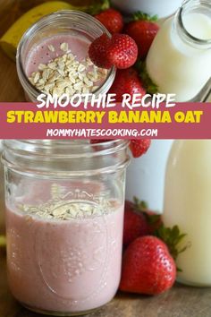 two jars filled with different types of smoothie next to bananas and strawberries on a table