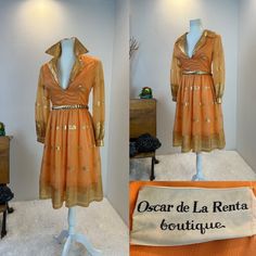 1970s / 70s dress / Vintage Oscar de La Renta dress / Oscar de La Renta dress gold dress / 1970s fashion   This late 1960s, early 1970s Oscar Della Renta dress is stunning. She is orange with the most vibrant gold print I have ever seen. Cleary high quality fabric as the gold hasn't faded a single bit in over 50 years. Oscar wanted you to wear the collar up, as evident by the hooks at the back of the neck. I also photographed it with the neck down in case you prefer it that way.  She has the she 70s Inspired Long Sleeve Party Dresses, Vintage Gold Long Sleeve Dress, Festive Vintage Gold Dress, Vintage Gold Dress For Evening, Vintage Gold Dresses For Evening, Vintage Gold Evening Dress, 70s Dresses Vintage, Oscar Dresses, Late 1960s