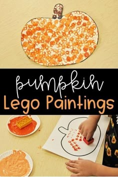 pumpkin lego painting for kids to paint on the table with text overlay that reads pumpkin lego paintings