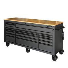 a black tool cabinet with wooden top on wheels