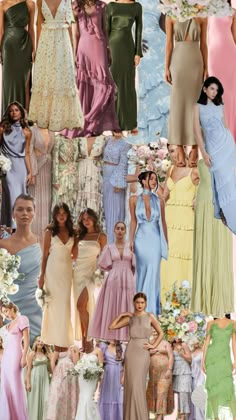 a collage of different dresses and flowers on the bottom right is an image of women in pastel colors