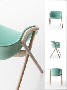 four different views of the back and seat of a chair with wooden legs, including an upholstered armrest