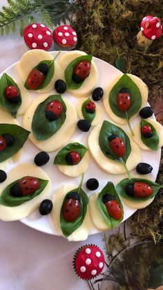 ladybug cupcakes are arranged on a plate with green leaves and berries