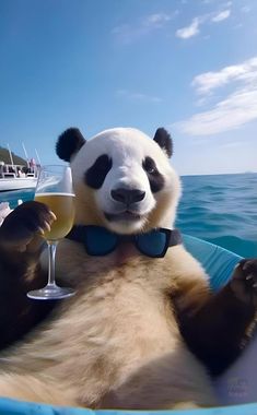 a panda bear sitting on top of a boat holding a wine glass in it's mouth