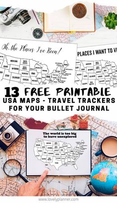 13 Free Printable USA travel maps - United States coloring pages to add in your bullet journal, travel notebook or planner. #freeprintable #travel #bulletjournal #bujo #printable #planner #lovelyplanner #coloringpage #kids Travel Tracker Ideas, Travel Journaling, Usa Travel Map, Travel Printables, Travel Notebook, Journal Travel, Printable Maps