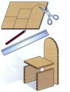 the instructions for making a chair and table with scissors, ruler, and cardboard box