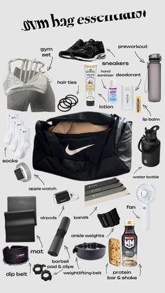 A black Nike gym bag surrounded by items like a gym set, New Balance sneakers, socks, resistance bands, water bottle, pre-workout, hand cream, deodorant, protein bar Perfect Workout, Bag Packing, Boost Your Energy, Blue Cross, Bag Essentials, Workout Session, Beauty Items, All Inclusive