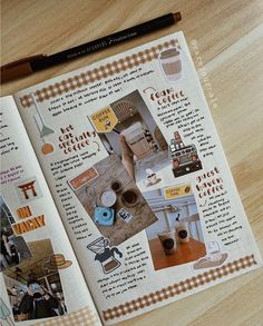 an open magazine with pictures and words about coffee on the table next to a pencil