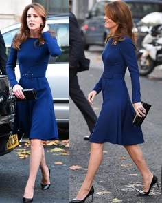 two pictures of the same woman in blue dresses, one is wearing black heels and the other has dark hair