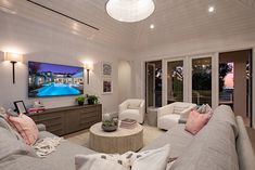 a living room filled with furniture and a flat screen tv mounted to the wall above it