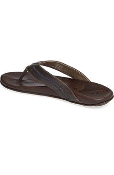 Leather Beach Sandals With Leather Sole, Leather Sandals With Leather Sole For Beach, Casual Leather Flip Flops With Leather Lining, Leather Beach Flip Flops With Cushioned Footbed, Leather Flip Flops With Round Toe For Vacation, Leather Flip Flops For Vacation, Oiled Leather Sandals With Cushioned Footbed And Round Toe, Brown Leather Footbed Flip Flops With Single Toe Strap, Leather Sandals With Textured Footbed And Open Toe