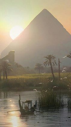 the sun is setting over some water with birds flying in front of pyramids and palm trees