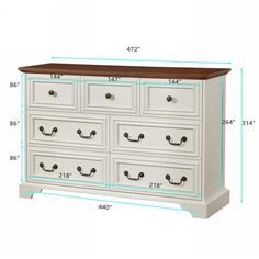 a white dresser with drawers and measurements for the top drawer, shown from front to back