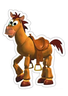 a cartoon horse with big eyes and a saddle on it's back, standing in front of a white background