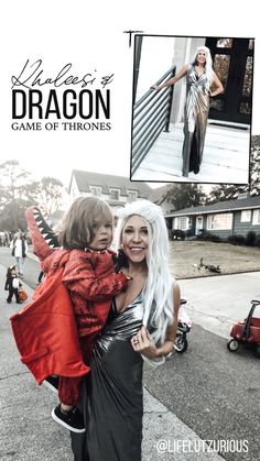 a woman holding a child in her arms and posing for a photo with the caption dragon game of thrones